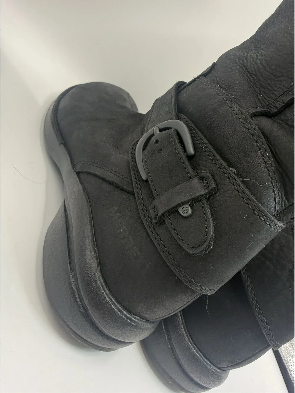 Merrell Captiva Boots Womens Sz 7 Black Leather Buckle Strap Side Zip Calf NWOB